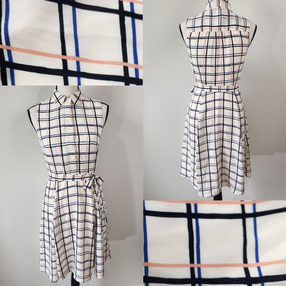 NEW Banana Republic Womens Size 0 White Blue Peach Plaid Sleeveless Tie‎ Dress